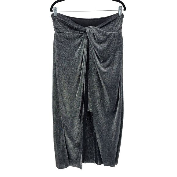 ALLSAINTS  Metallic Sami Hi-lo Mini Midi Skirt 12 Gunmetal Wrap Knot Night Out - Picture 6 of 16